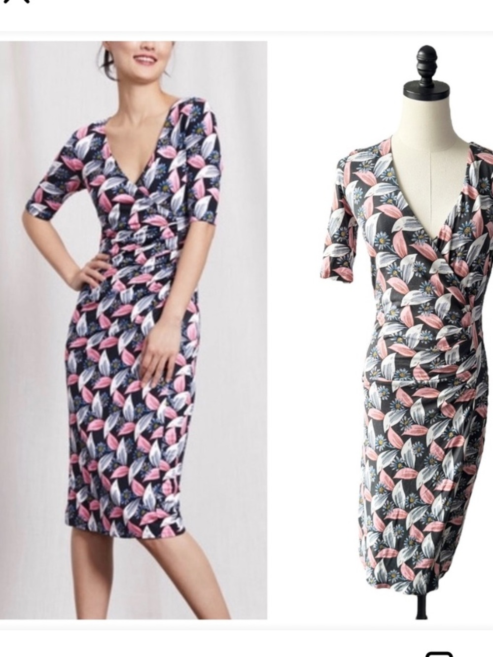 Boden Navy Faux Wrap Midi Dress with Peach and Cream Leaf Print Size 8 Regular